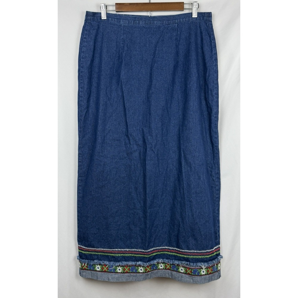 On The Verge Vintage Denim Maxi Skirt Embroidered Floral Boho Cottagecore M USA